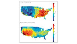 Maps of US showing fine particle pollutants and ozone concentrations