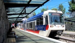 A light rail train in a station