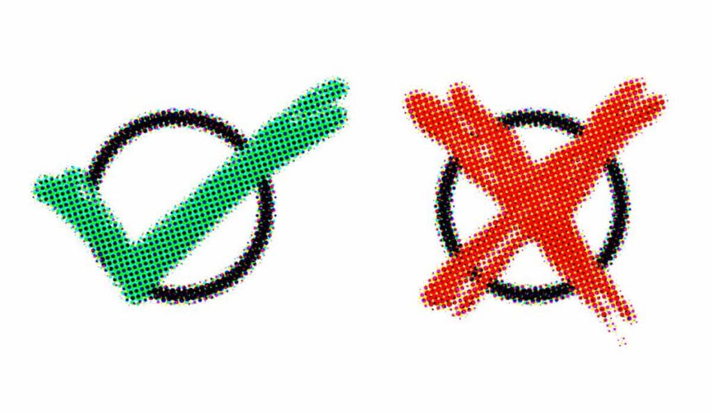 A circle with a green checkmark and a circle with a red X