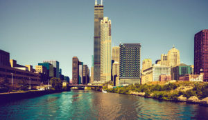 a river with a city in the background