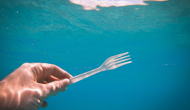 a hand holding a plastic fork underwater