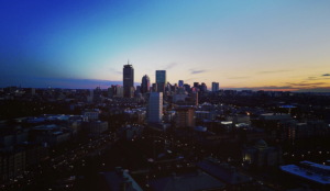 a city skyline at dusk