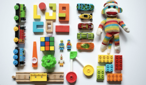 a group of toys on a white surface