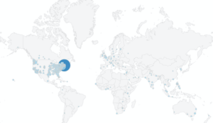 a map of the world with blue dots