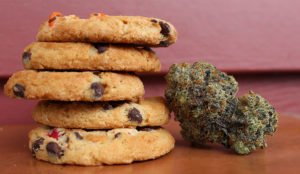 a stack of cookies next to a bud of marijuana