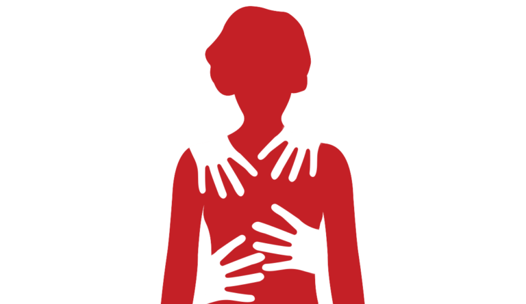 a red silhouette of a person with hands on their chest