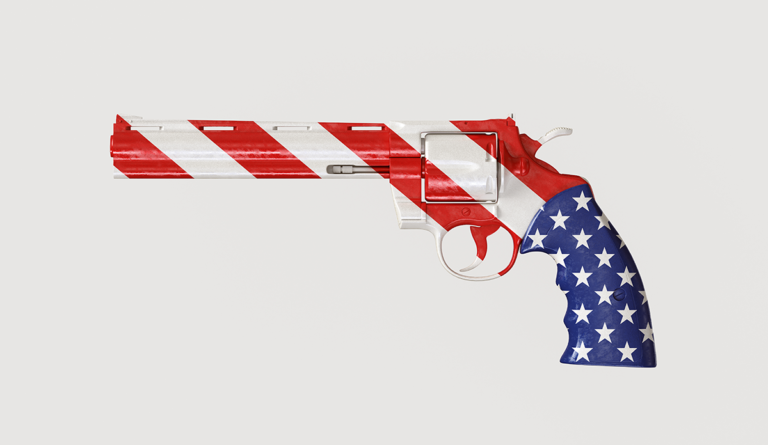 a gun with a red white and blue flag