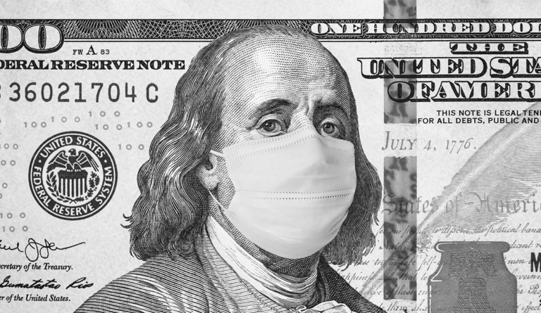 a man wearing a face mask on a hundred dollar bill