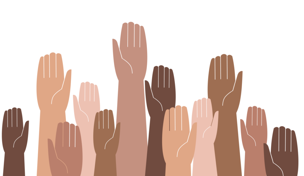 a group of hands raised up