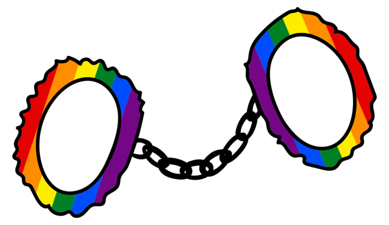 a rainbow handcuffs with a chain