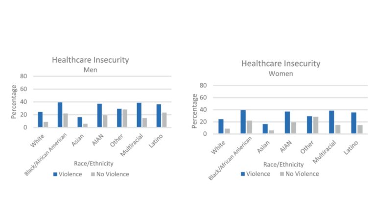 two bar graphs depicting health care insecurity among men and women who experience violence