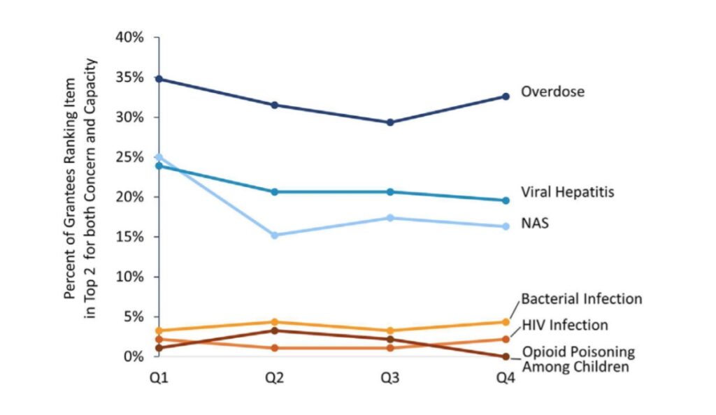 line graph depicting percentage of respondents ranking substance use disorder-related problem areas, including overdose, as both their greatest concern and the least capacity to address