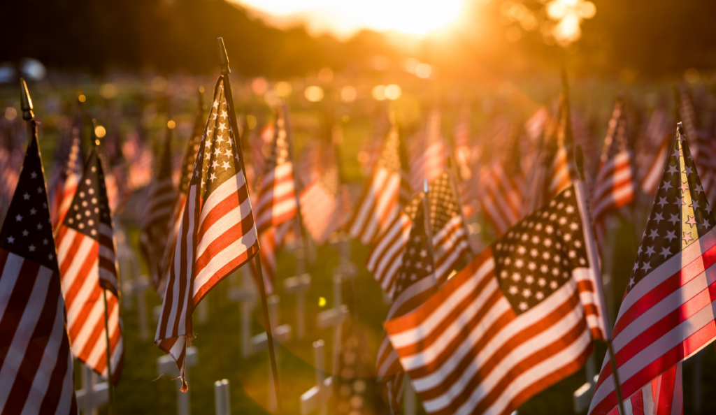 field of American flags, representing veterans