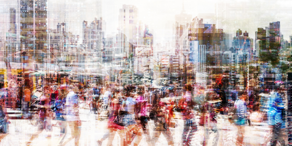 Crowd of people walking on busy city street - abstract city life concept