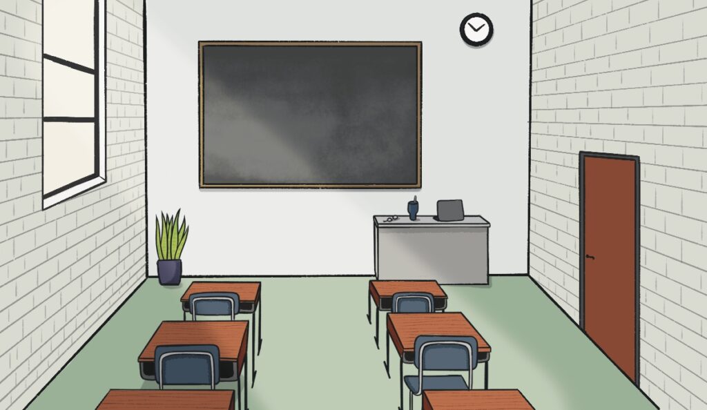 Cover image for censorship in the classroom podcast episode - empty classroom of desks