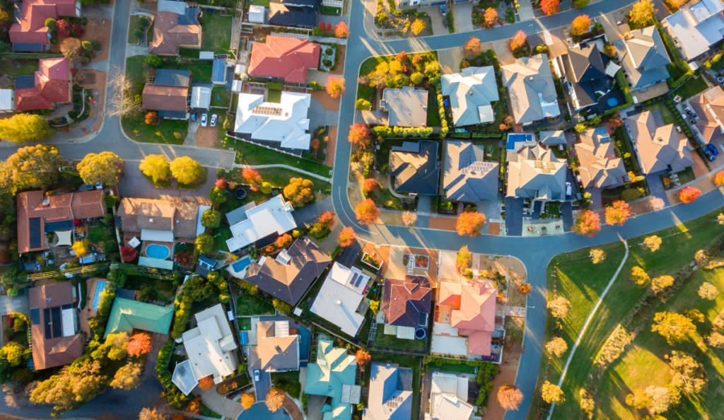 Aerial view of housing in the suburbs