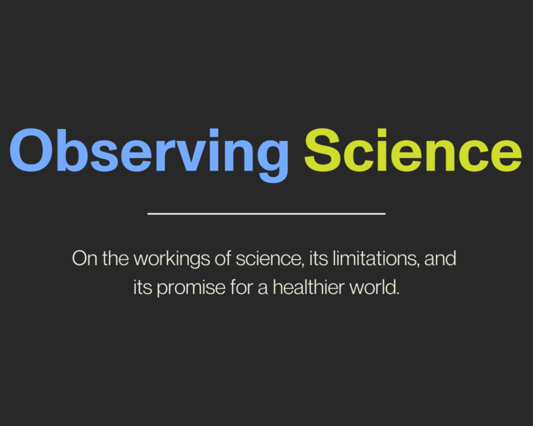 "Observing Science" title and mission on dark grey background
