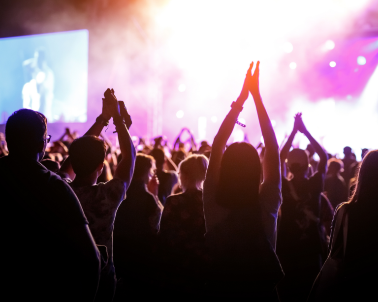 TitlePeople with raised hands, silhouettes of concert crowd in front of bright stage lights.