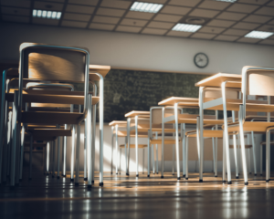 Lines of desks in an empty public school classroom