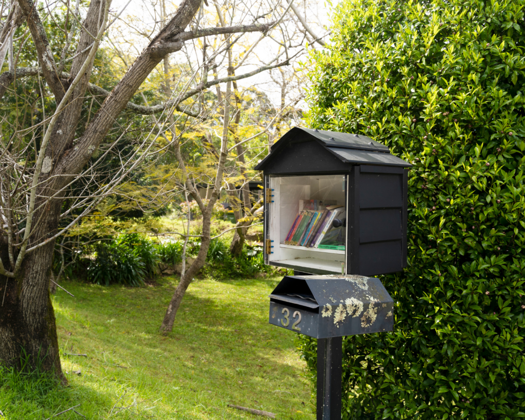 A Little Free Library with books inside on a rural neighborhood street