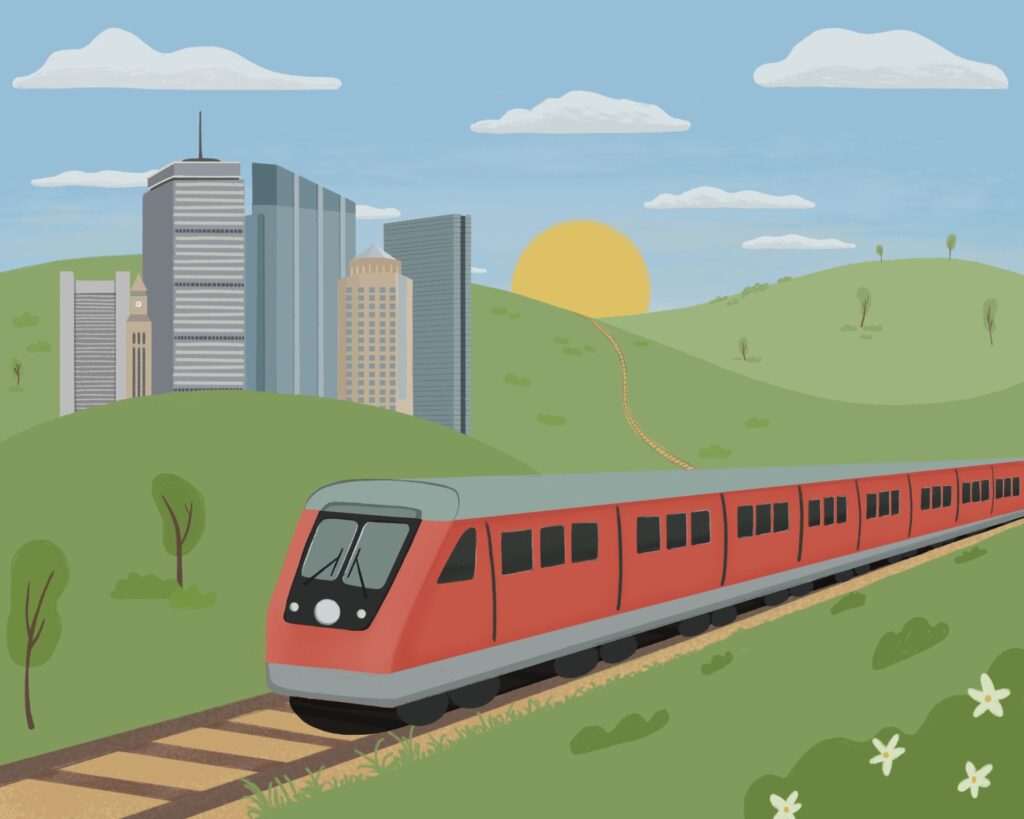 Illustration of public transit traveling through the outskirts of a city