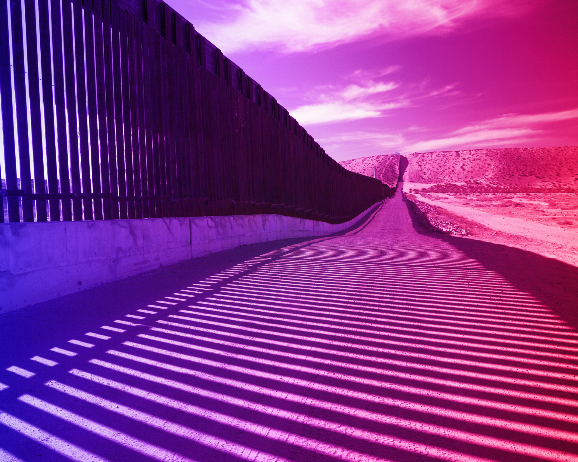 border fence with shadow with a red and blue gradient filter. immigration concept