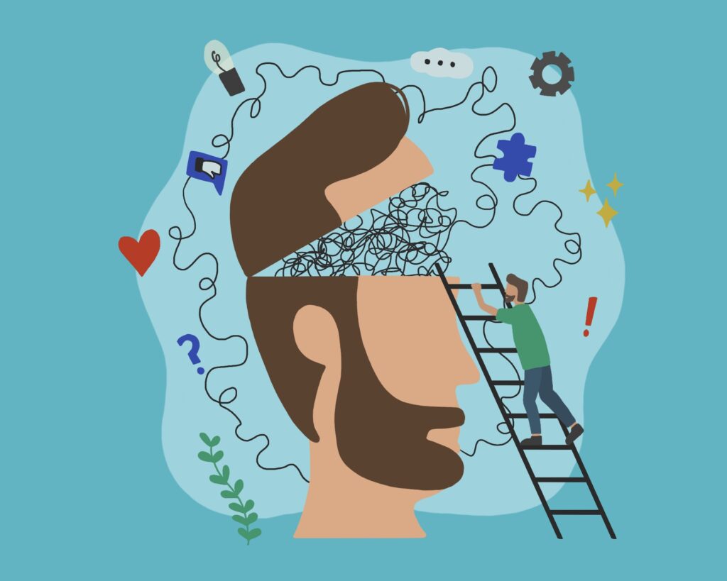 illustration of a man's head with icons and swirling lines around him, as well as a man climbing a ladder. men's mental health concept