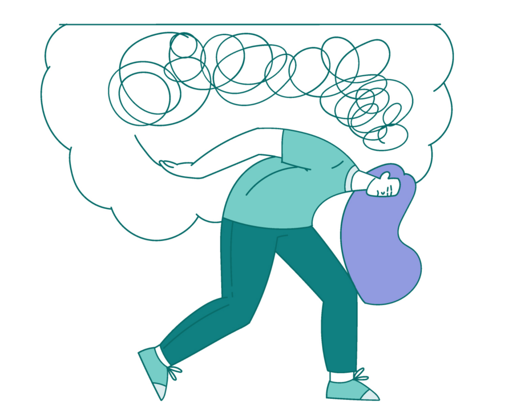 illustration of a woman carrying a heavy load on her back. hoarding and messy mind concept