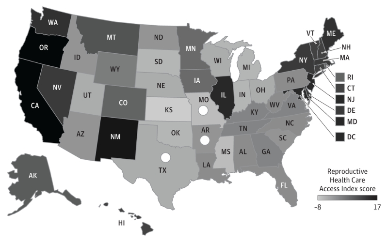 Map showing reproductive health care access across the United States