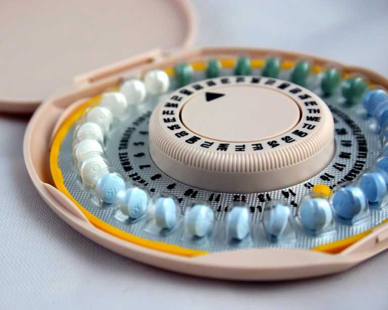 A close-up image of a packet of birth control pills