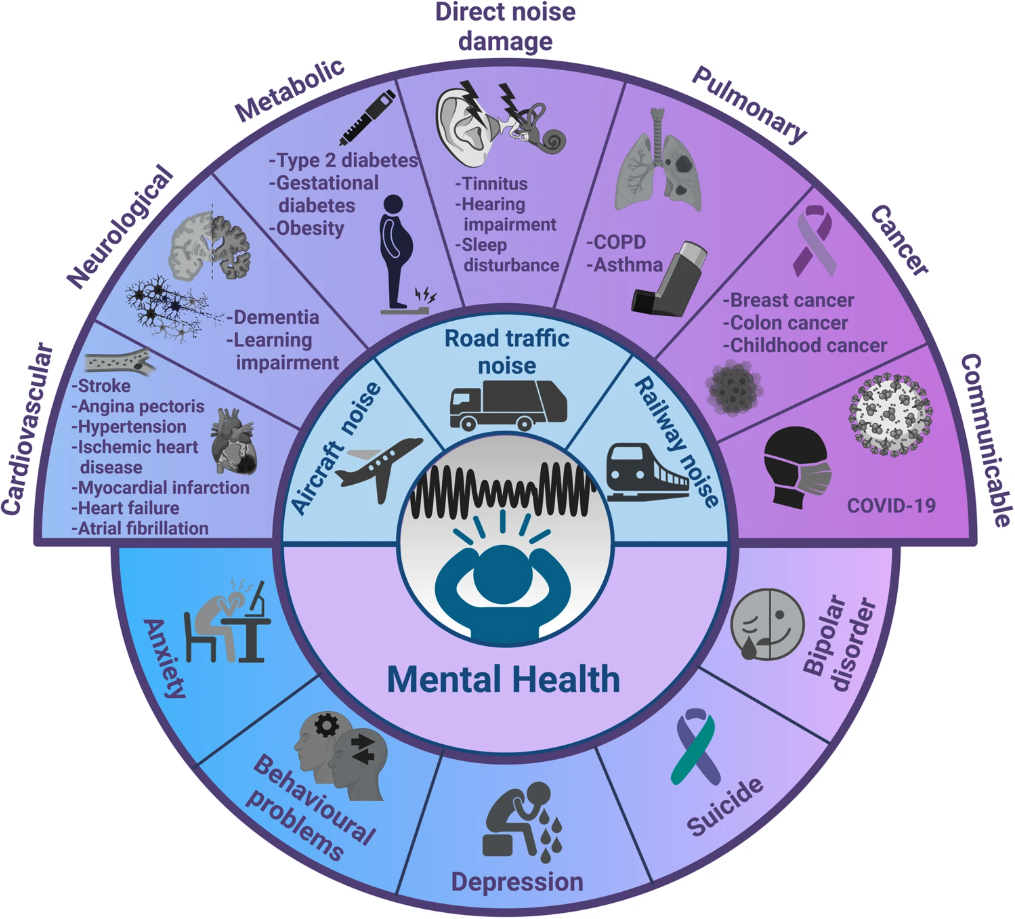 graphic showing the effects of noise on different organ systems and on mental health.