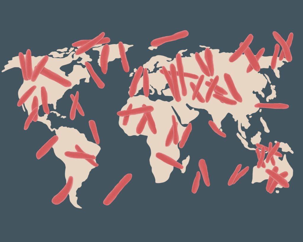 Illustration of world map with tuberculosis bacteria overlayed across it