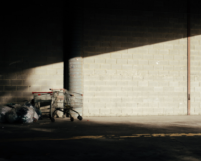 Shopping carts with a pile of rubbish underneath a bridge. unhoused concept