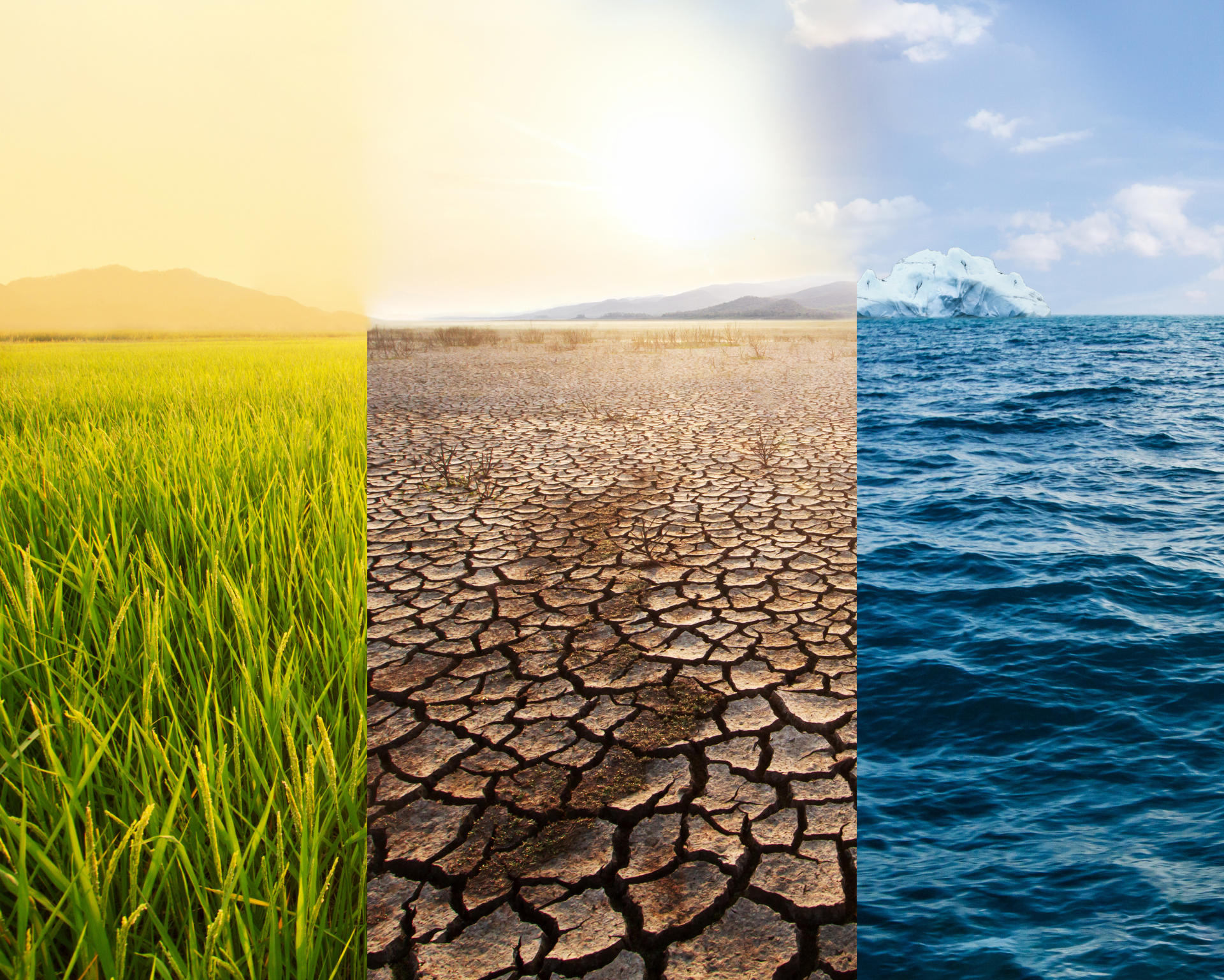 triptych of agriculture fields, a dry lake, and the ocean as a visual metaphor for temperature increases and climate change
