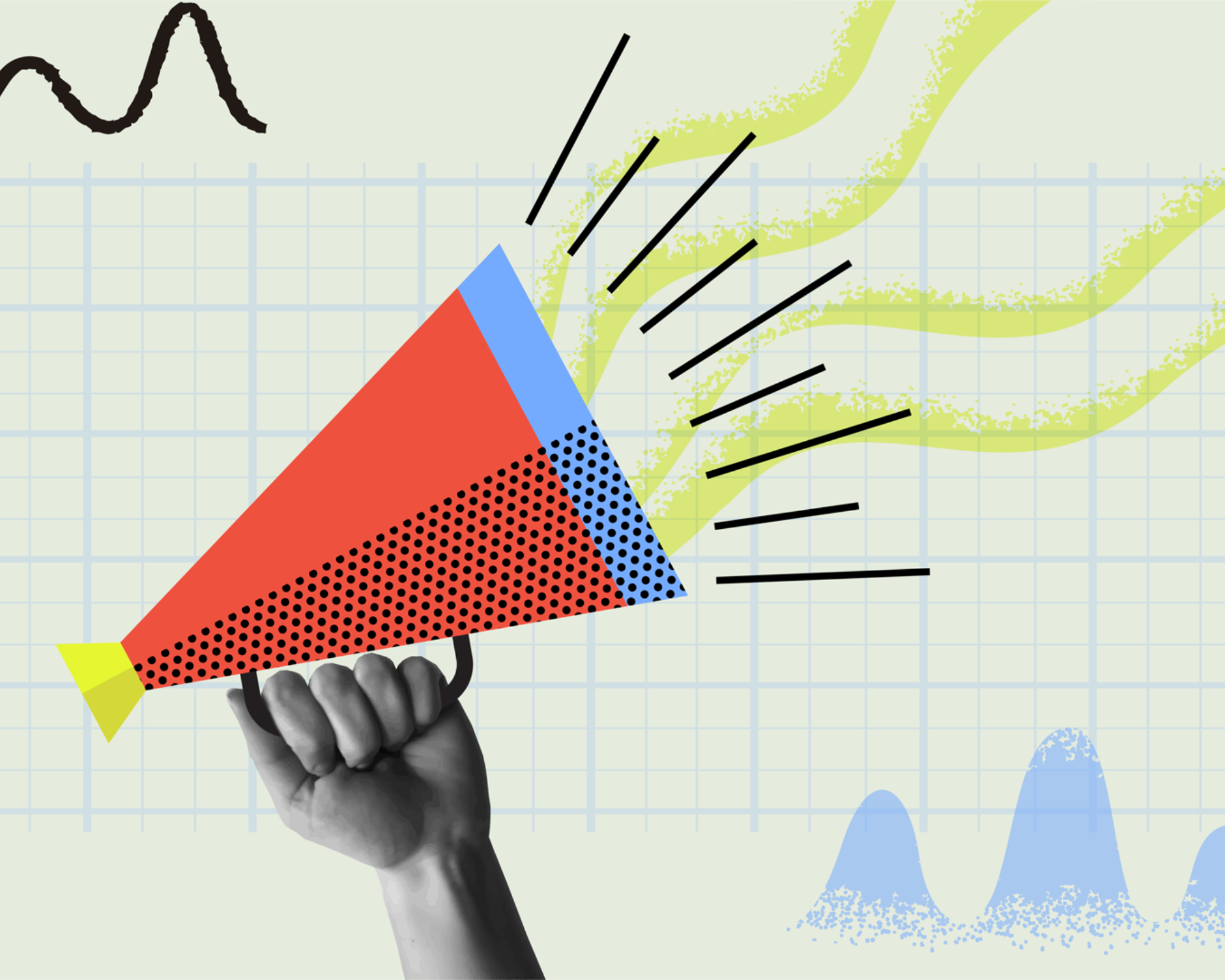 collage/illustration of a hand holding a megaphone. communications concept