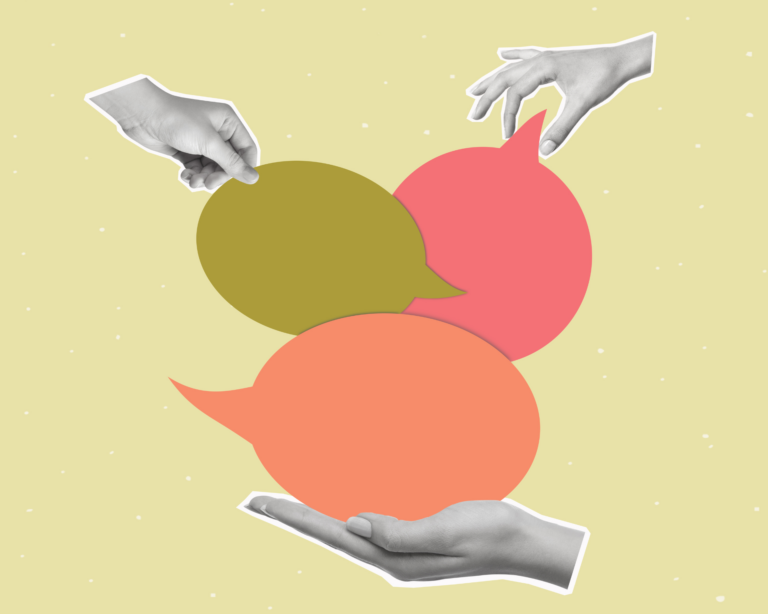 Contemporary art collage of human hands holding dialogue bubble. Concept of health communication, news, chat, infographic.