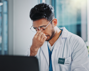 portrait of a stressed and frustrated male doctor sitting in front of computer. physician burnout concept