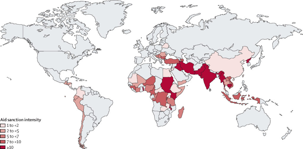 Global map showing aid sanctions from 1990–2019