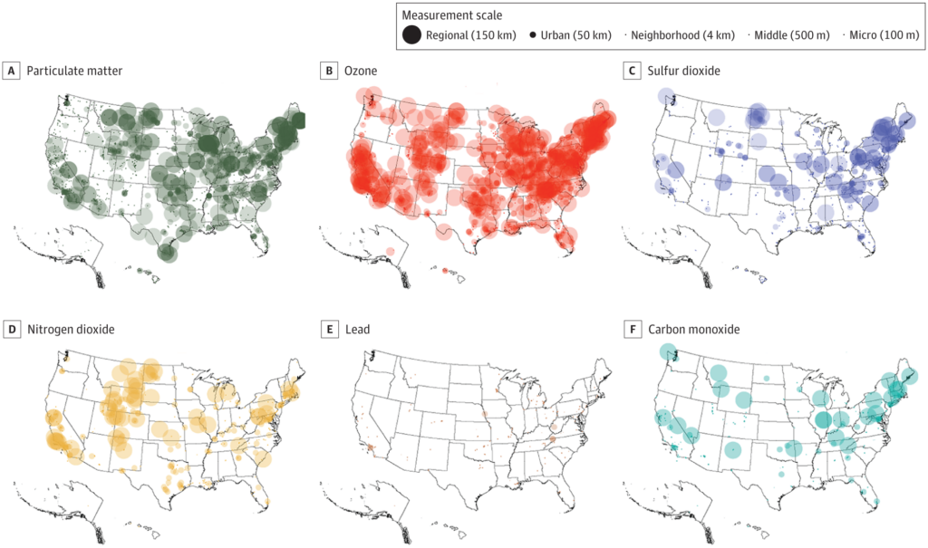 maps of the United States showing EPA regulatory monitor coverage by criteria pollutant