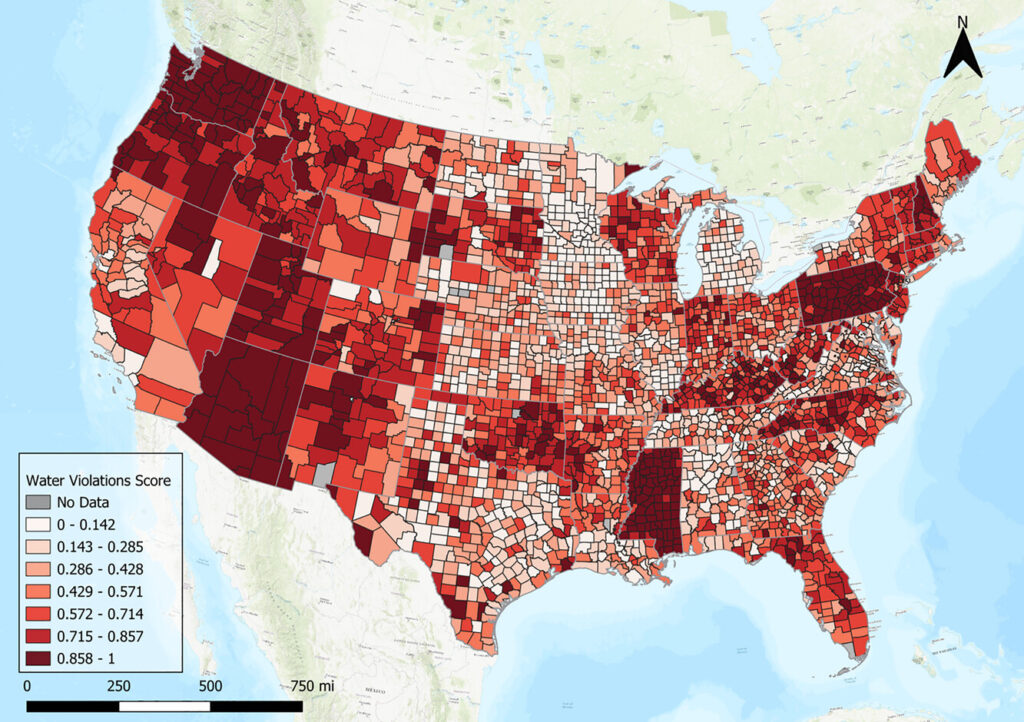 map showing water violation scores by U.S. county