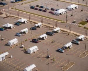 aerial shot of mobile health clinic site during COVID-19