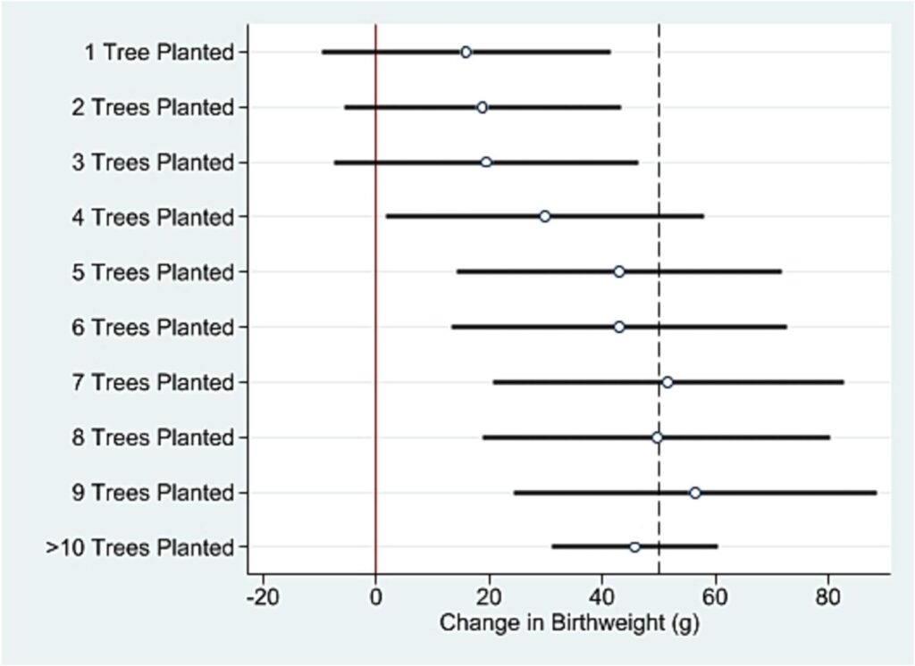 graph showing the association between the number of trees planted in a 100 m-radius around maternal address in the 10 years before a child was born in Portland, Oregon, controlling for birth year, maternal race, primigravida, maternal education, maternal BMI, and road density.