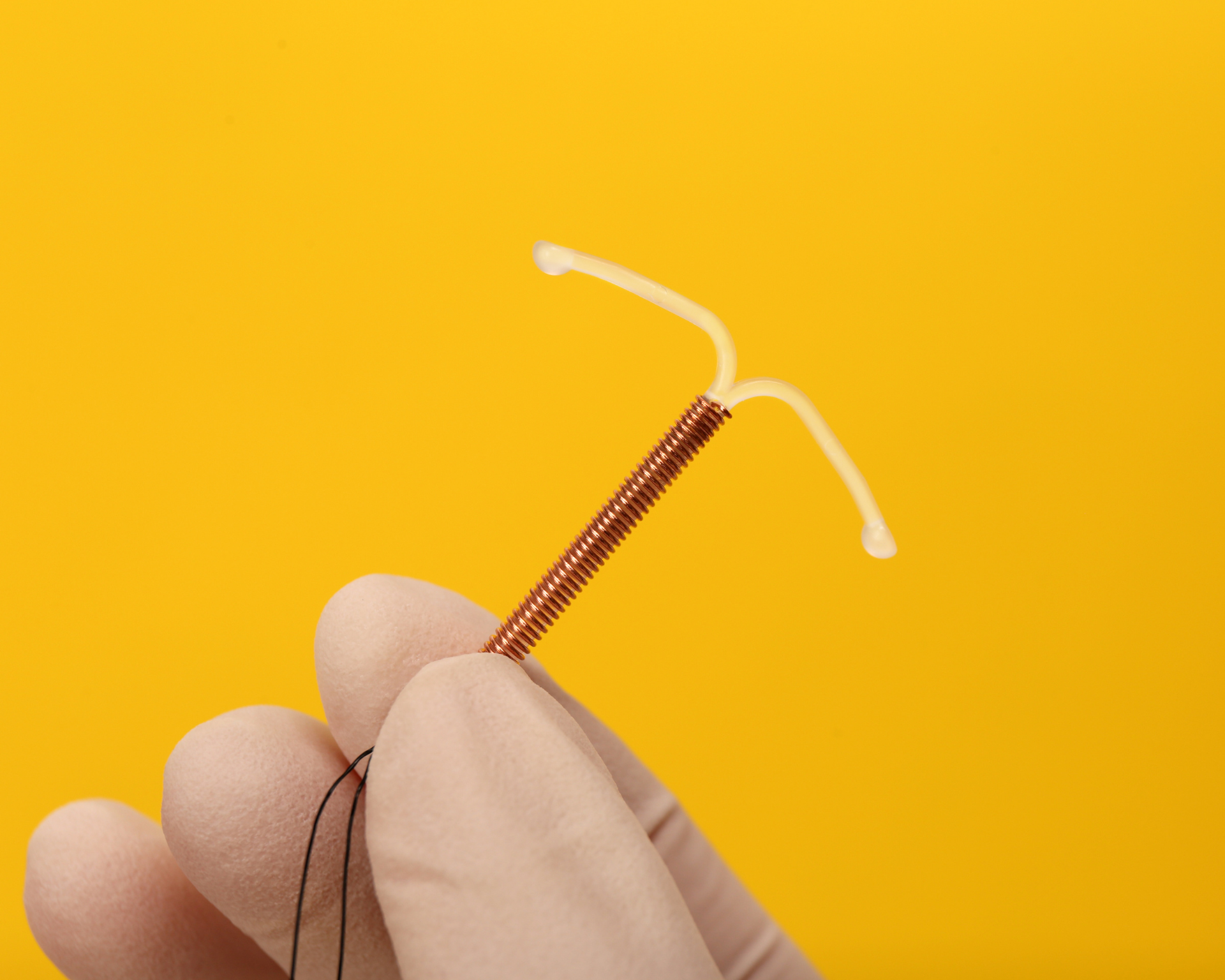 close-up of a gloved hand holding an IUD against a yellow background