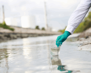 gloved hand of scientist taking a sample of wastewater