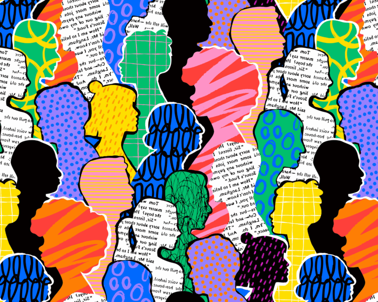 Colorful, diverse crowd of abstract art with a seamless pattern. Multi-ethnic community, big cultural diversity group background illustration in modern collage painting style. DEI concept
