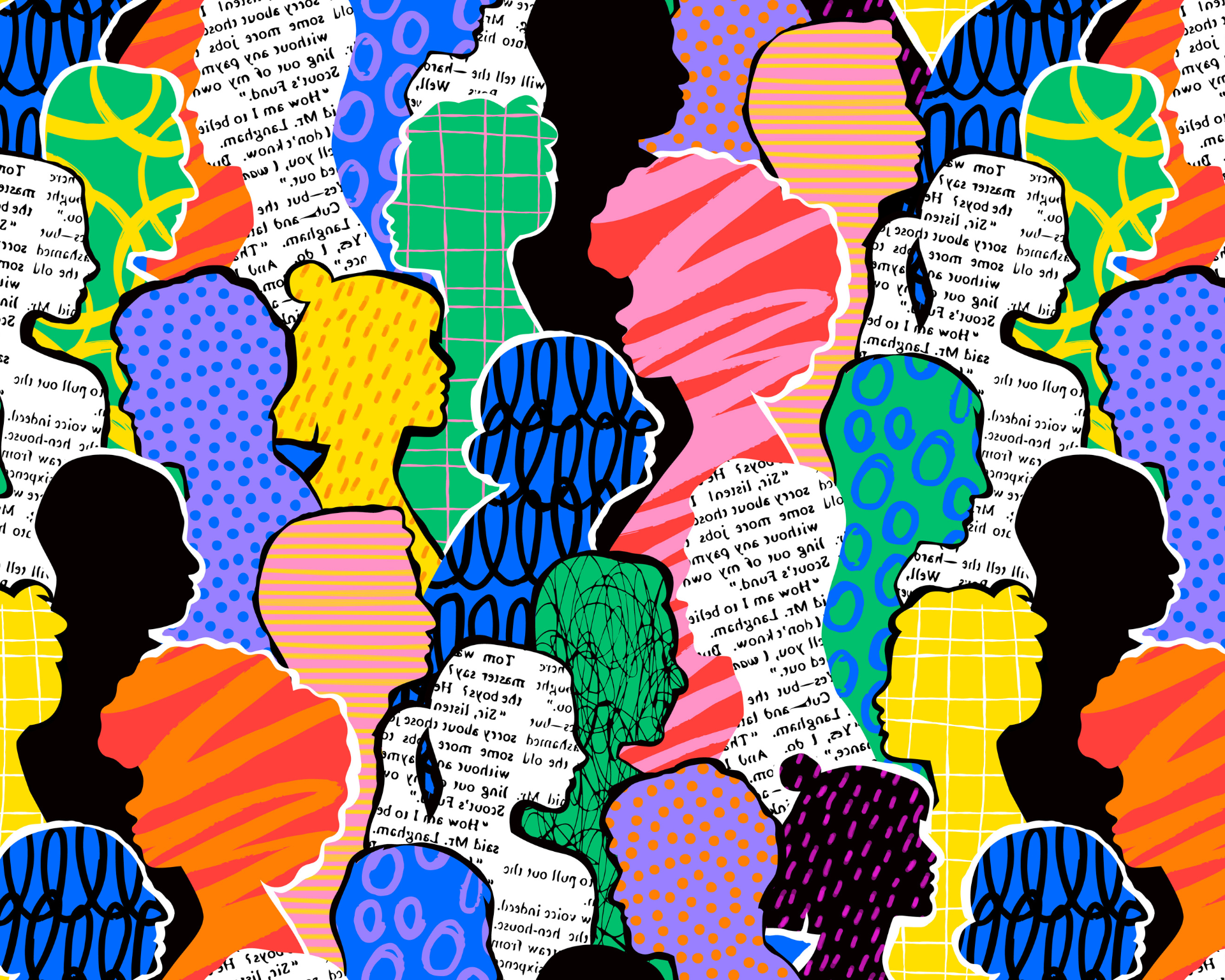Colorful, diverse crowd of abstract art with a seamless pattern. Multi-ethnic community, big cultural diversity group background illustration in modern collage painting style. DEI concept