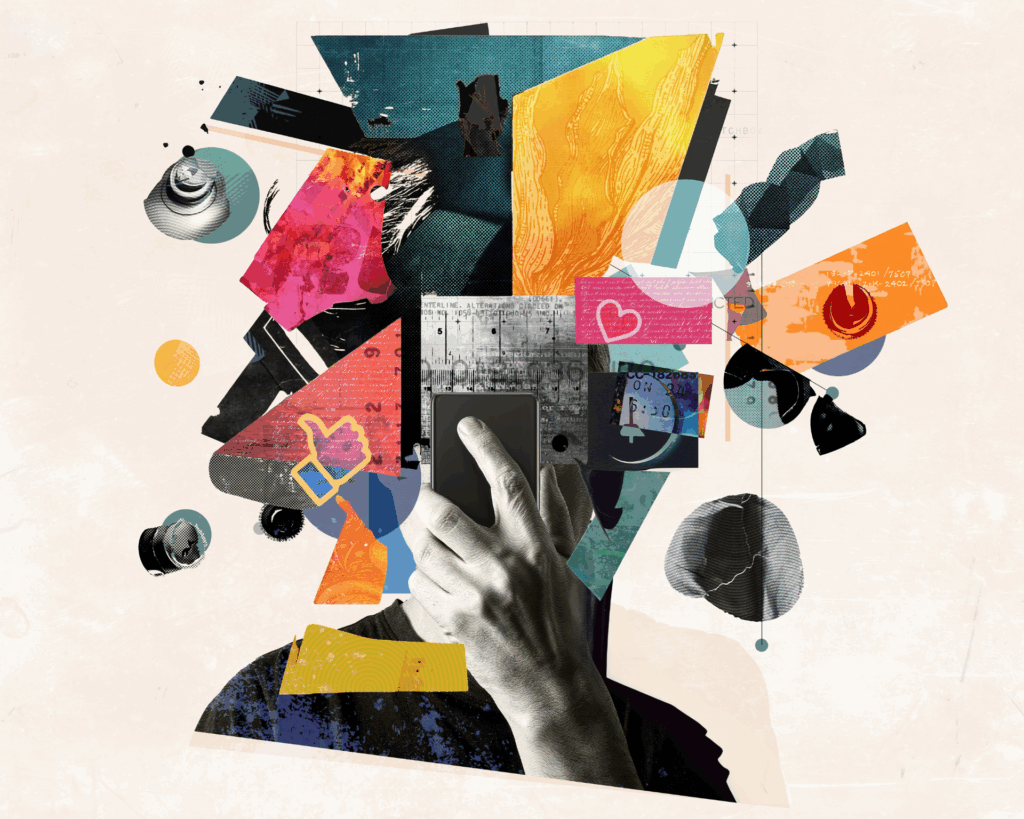 Illustration of digital overload and its impact on the human brain, showcasing fragmented thoughts, information overload. Misinformation and disease spread concept
