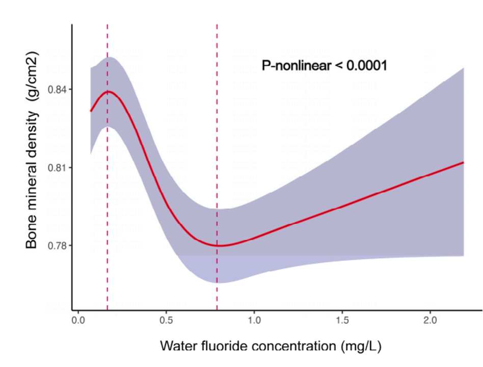 graph showing the relationship between water fluoride concentration and bone mineral density