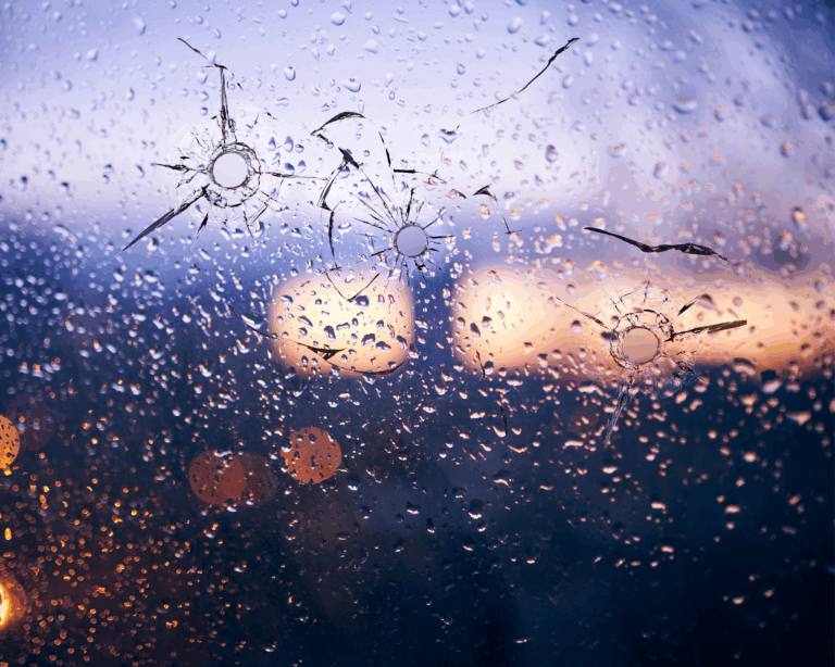 Bullet holes in glass against the background of a blurred city close up. Mass shooting concept
