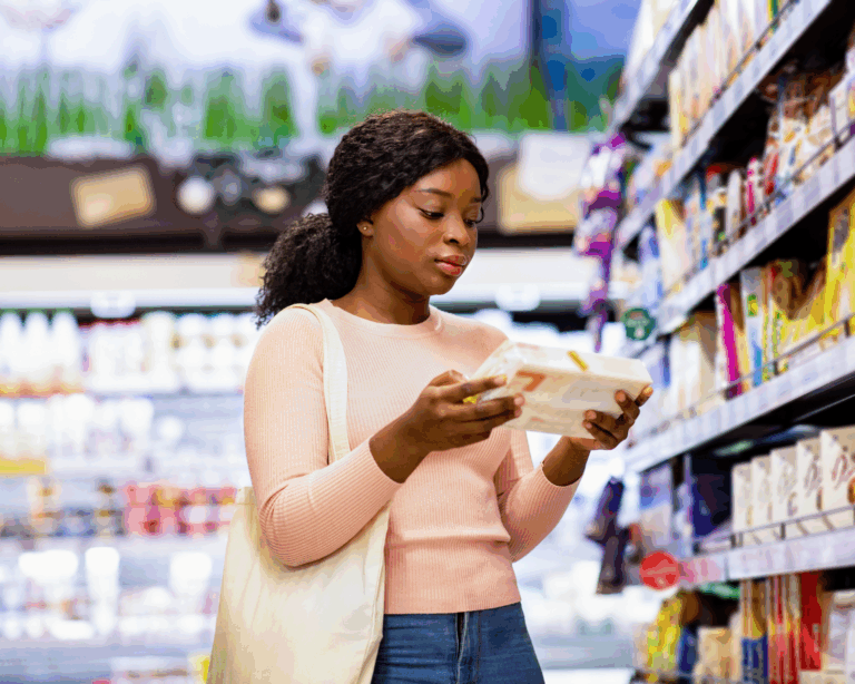 portrait of a young woman with tote bag holding food product, buying groceries at supermarket